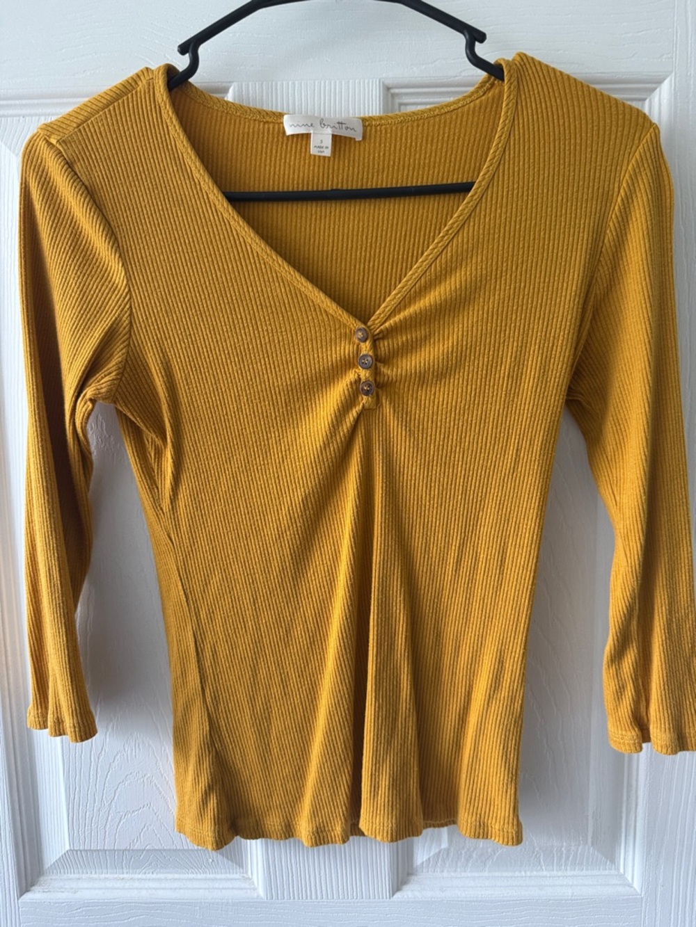 nine britton Mustard Ribbed V-Neck Long Sleeve Top with Buttons